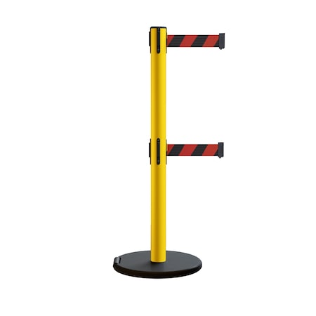 Montour Line Retractable Double Belt Rolling Stanchion, Black/Red, 11 ft Length, 2.5 ft Post Height P400DRL-YW-BRD-110